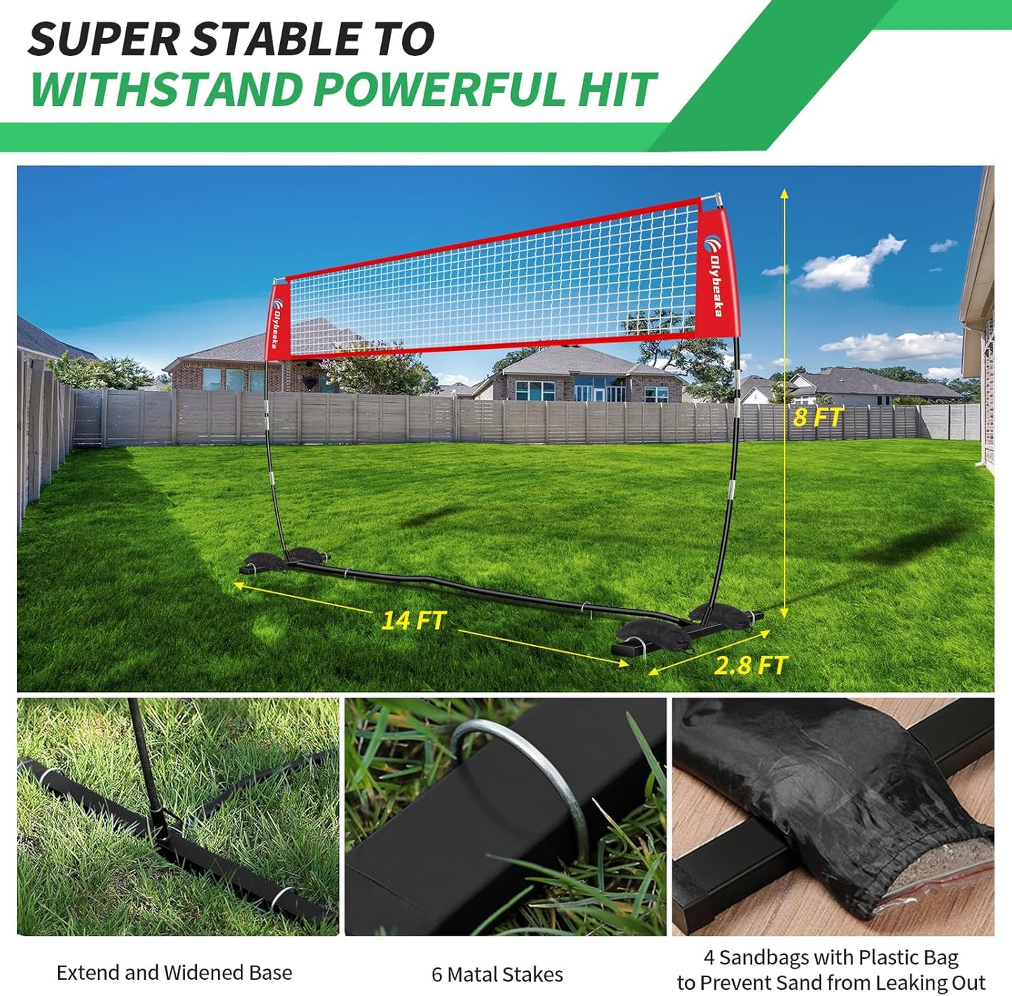 Skiennix Portable Volleyball Net - 5-Height Adjustable Backyard Set with Widened Base & Carry Bag | 12ft/14ft
