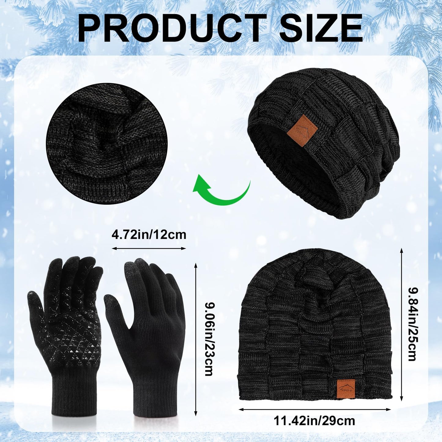 Geyoga 4 Pack Winter Hats for Men Beanie and Gloves Set, Winter Slouchy Beanie Hat Warm Gloves Lined Knit Thick(Black, Sapphire Blue, Cyan)