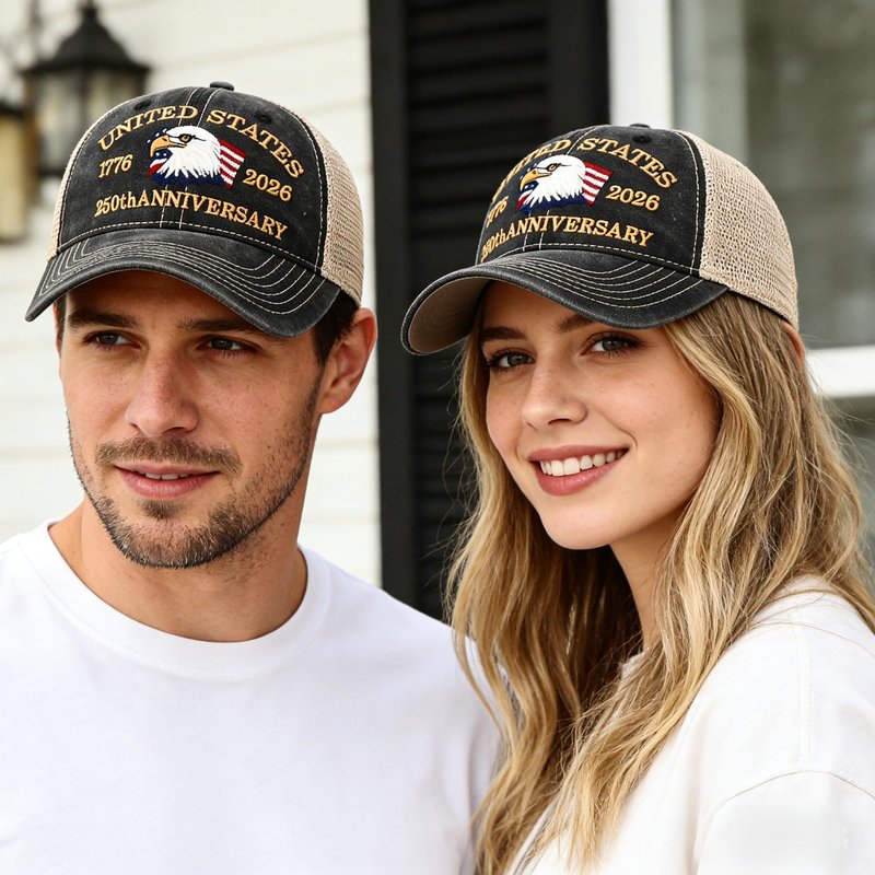 Okbycuyck 250 Anniversary USA Hat,Embroidered American Trucker Hat 250th Anniversary Hat Mesh-Back Cap for Men Women