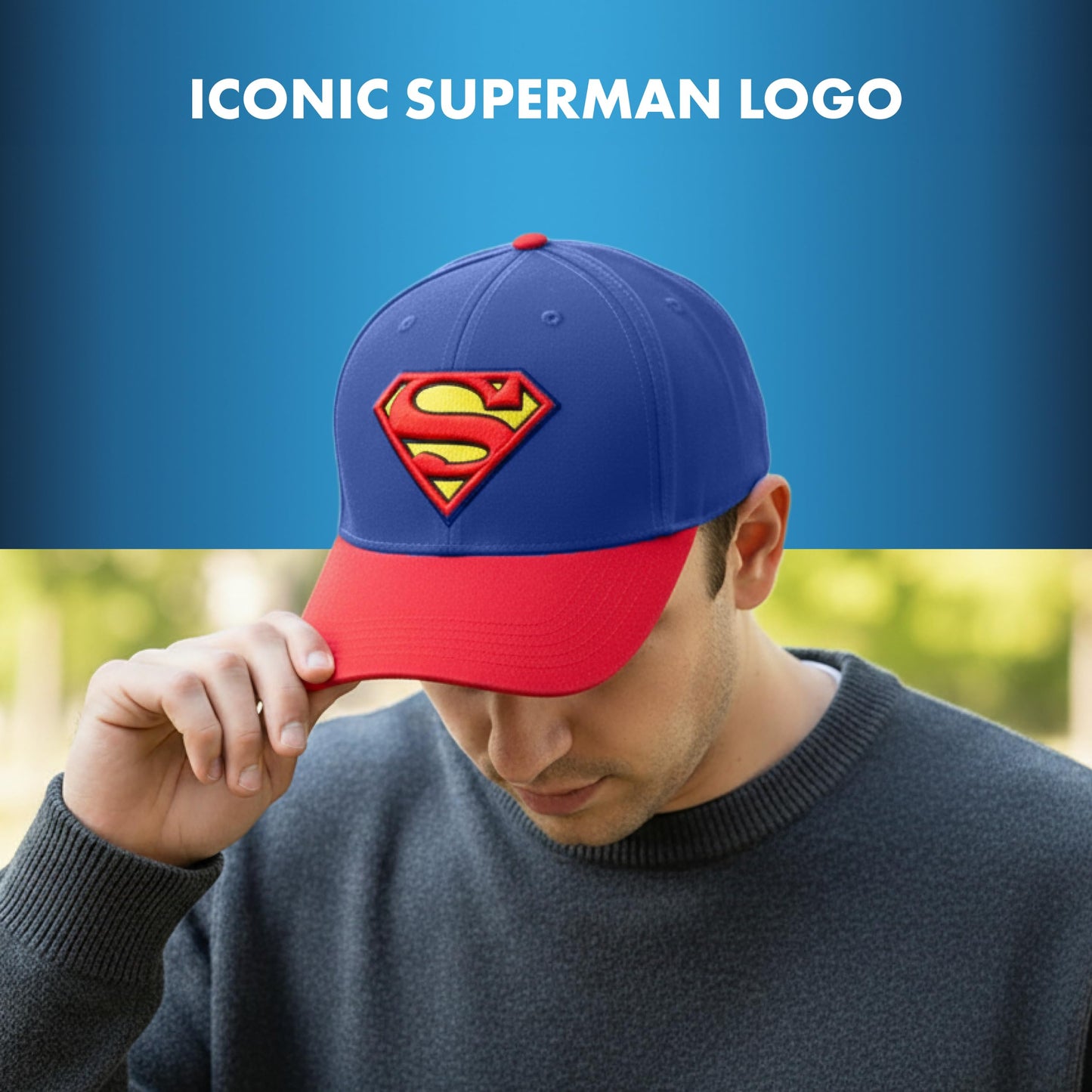 DC Comics Superman Baseball Cap, Adult Adjustable Snapback Hat with Flat Brim for Men and Women, Embroidered Logo, Navy, One Size