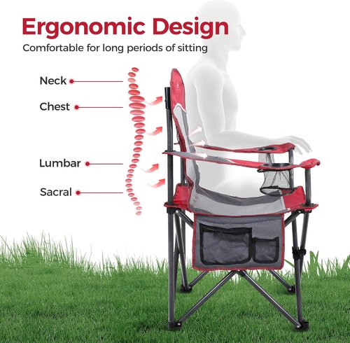 ALPHA CAMP Oversized Camping Chair - Heavy Duty 350 LBS Support | Collapsible Steel Frame, Padded Armrests, Cup Holder (Red)