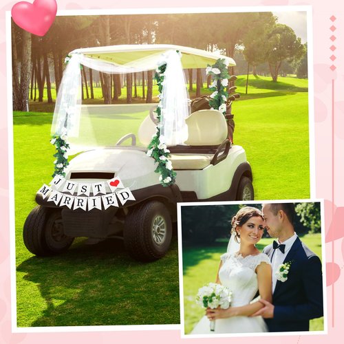 Janinka 5 Pcs Wedding Golf Cart Decorations 1 Just Married Sign Banner 2 Rose Garland 2 Gauze Draping Fabric for Golf Cart Car Decorations Accessories Wedding Party Anniversary Honeymoon Favor Gifts
