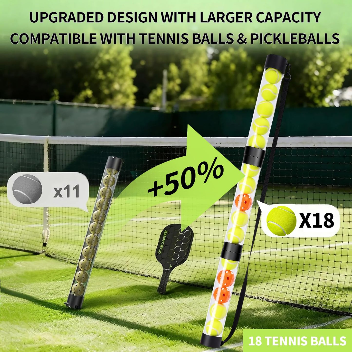 SWALTRIX 17 Pickleballs & 18 Tennis Balls Picker Upper – Collapsible No-Bend Retriever Tube with Shoulder Strap, Lightweight Portable for Indoor & Outdoor Court Practice