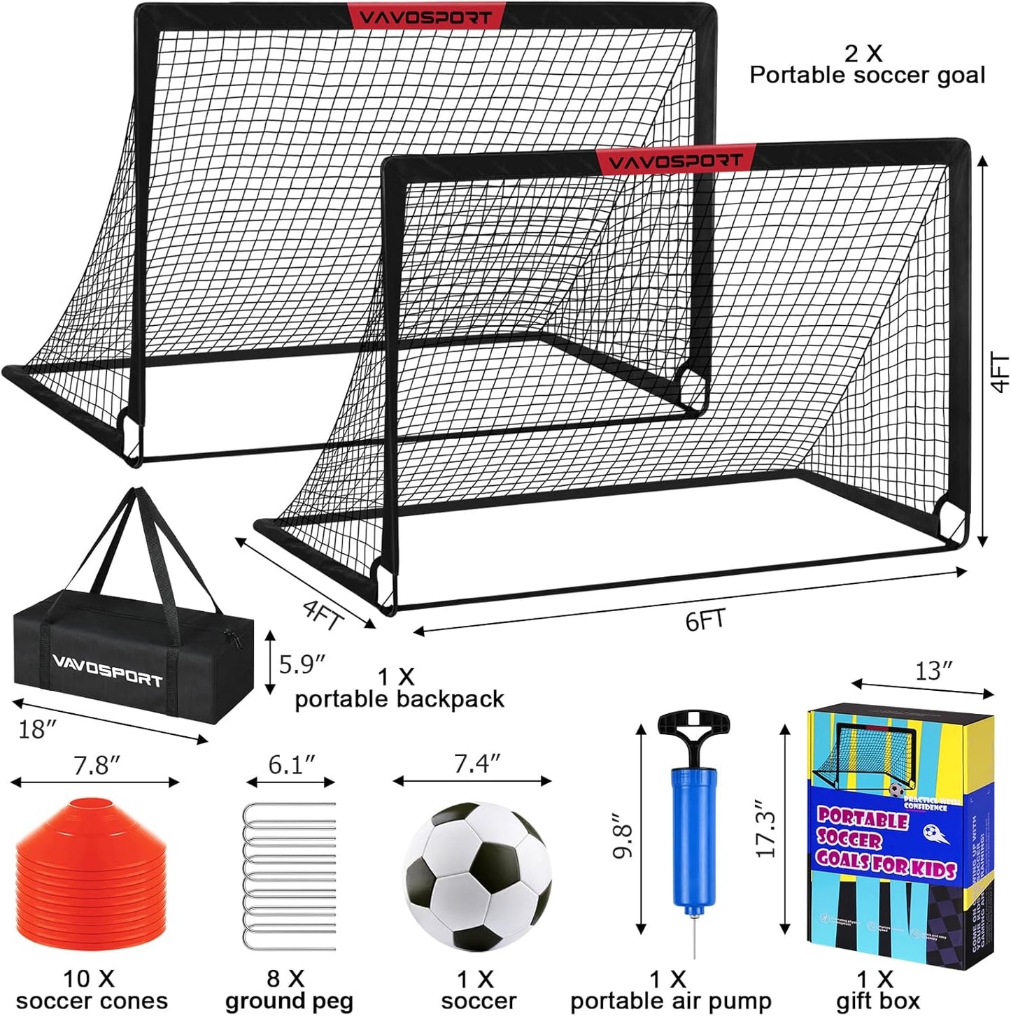 VAVOSPORT Soccer Goal Set - 2 Portable 6'x4' Kids Goals for Backyard Training | Includes Net, Ball & Cones