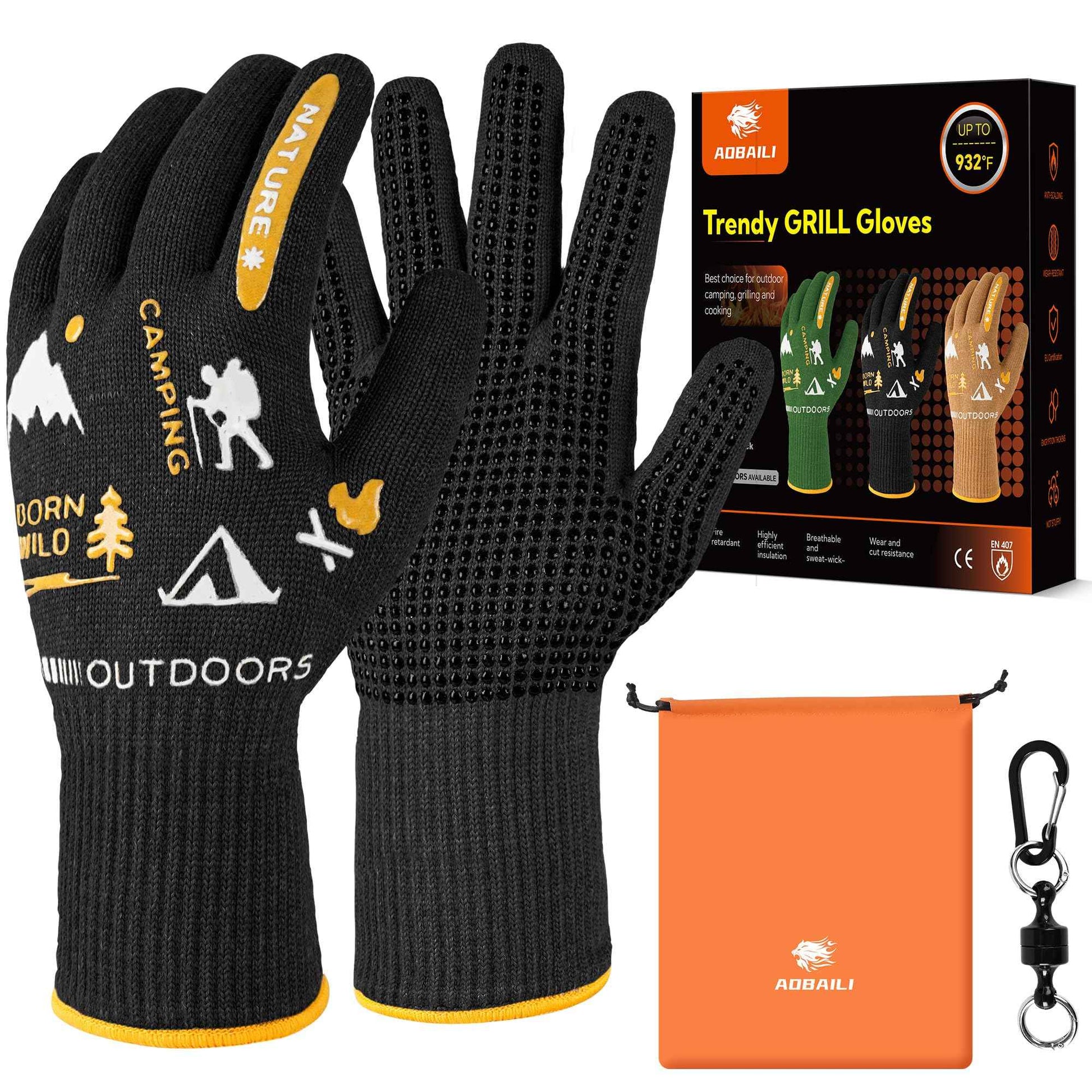 AOBAILI BBQ Gloves, Grilling Gloves Heat Resistant Oven Gloves, Kitchen Silicone Oven Mitts, Long Waterproof Non-Slip Pot Holder for Barbecue, Cooking, Baking, Black (Black)