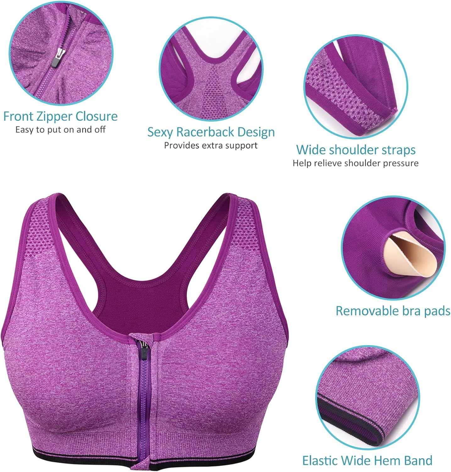 Skiennix Women's Zip Front Sports Bra - Wireless Post-Surgery Comfort for Active Yoga | Black