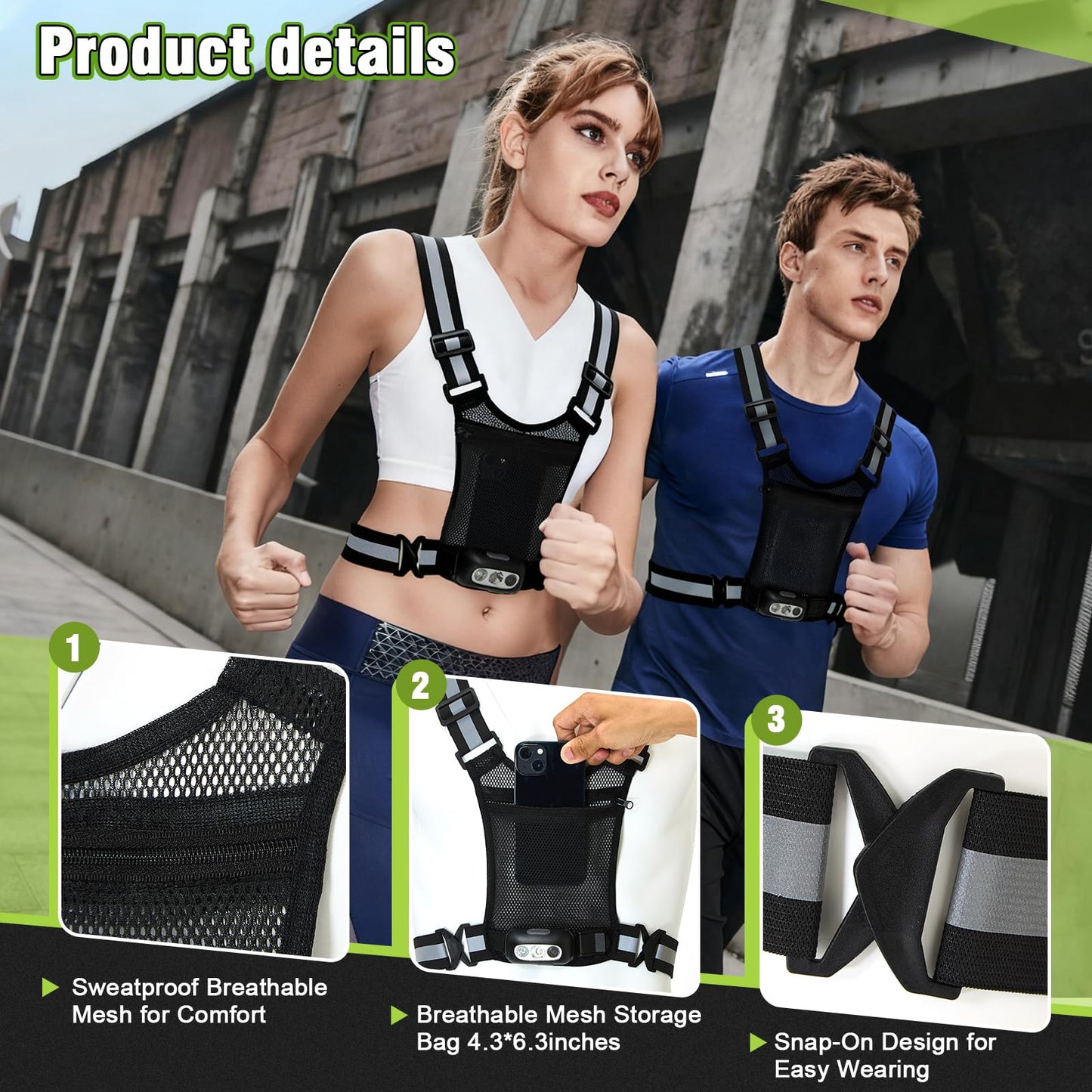 juxonlix Gesture Sensing Running Light Reflective Vest with Pouch (Black)
