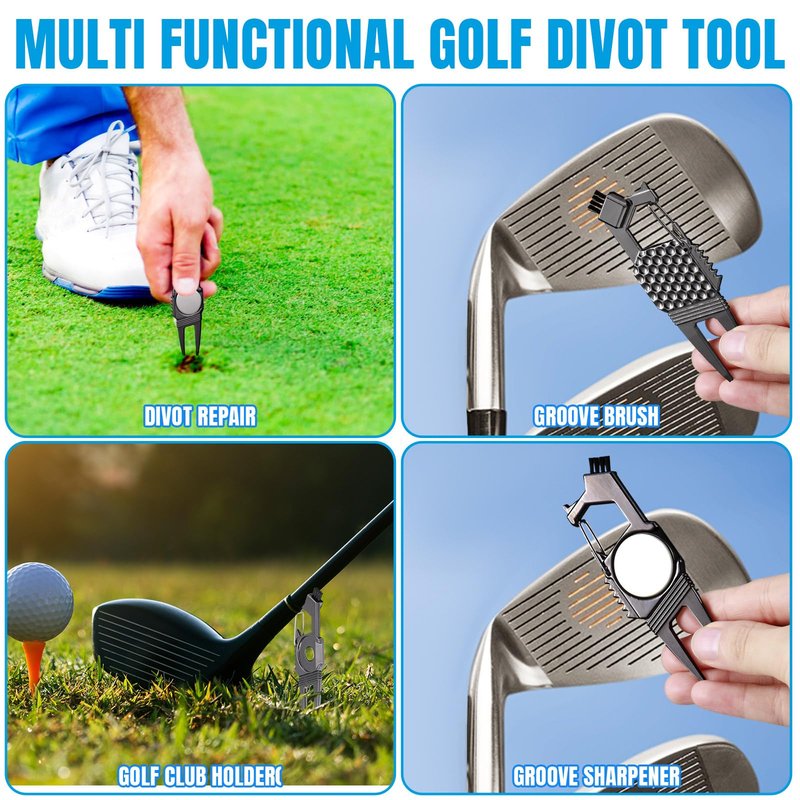 Poen 3 Pcs 7 in 1 Golf Divot Repair Tool and Ball Marker Golf Accessories for Men, Bottle Opener, Groove Cleaner, Putting Alignment, Metal Green Tool(Black)