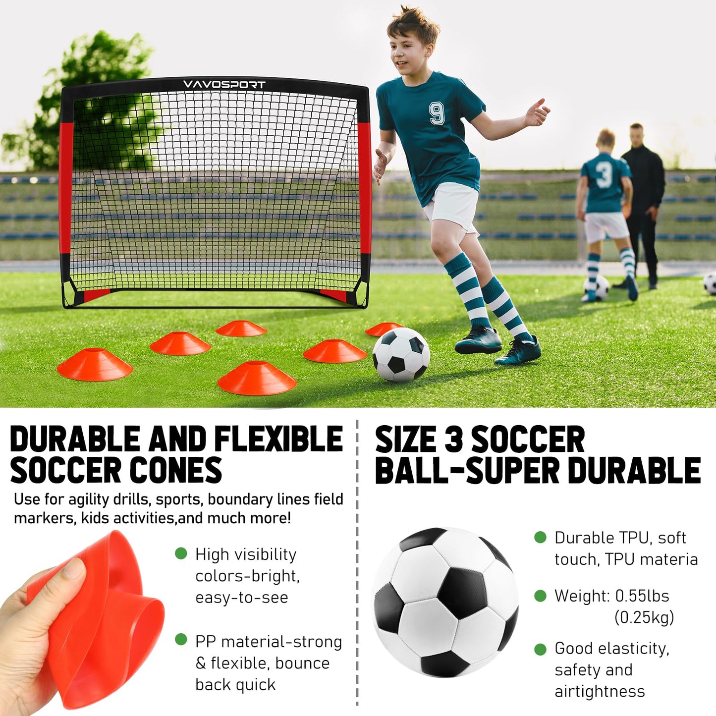 VAVOSPORT Kids Soccer Goals for Backyard, 2-Pack 4x3ft Portable Soccer Nets, Pop Up Mini Toddler Soccer Goal Set with Size 3 Ball, Cones & Pump for Ages 3-12, Indoor & Outdoor Practice Training Kit