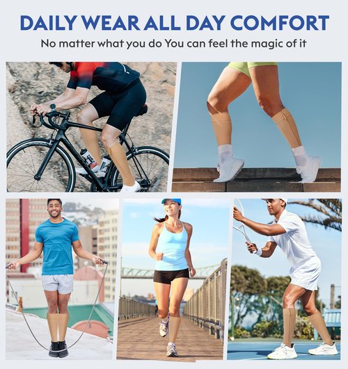 KEKING® Zipper Compression Socks for Men Women, Open Toe, 20-30mmHg Firm Support Knee High Zipper Compression Stockings for Wide Calf - Varicose Veins, DVT, Shin Splints, Edema, Nursing, Beige M
