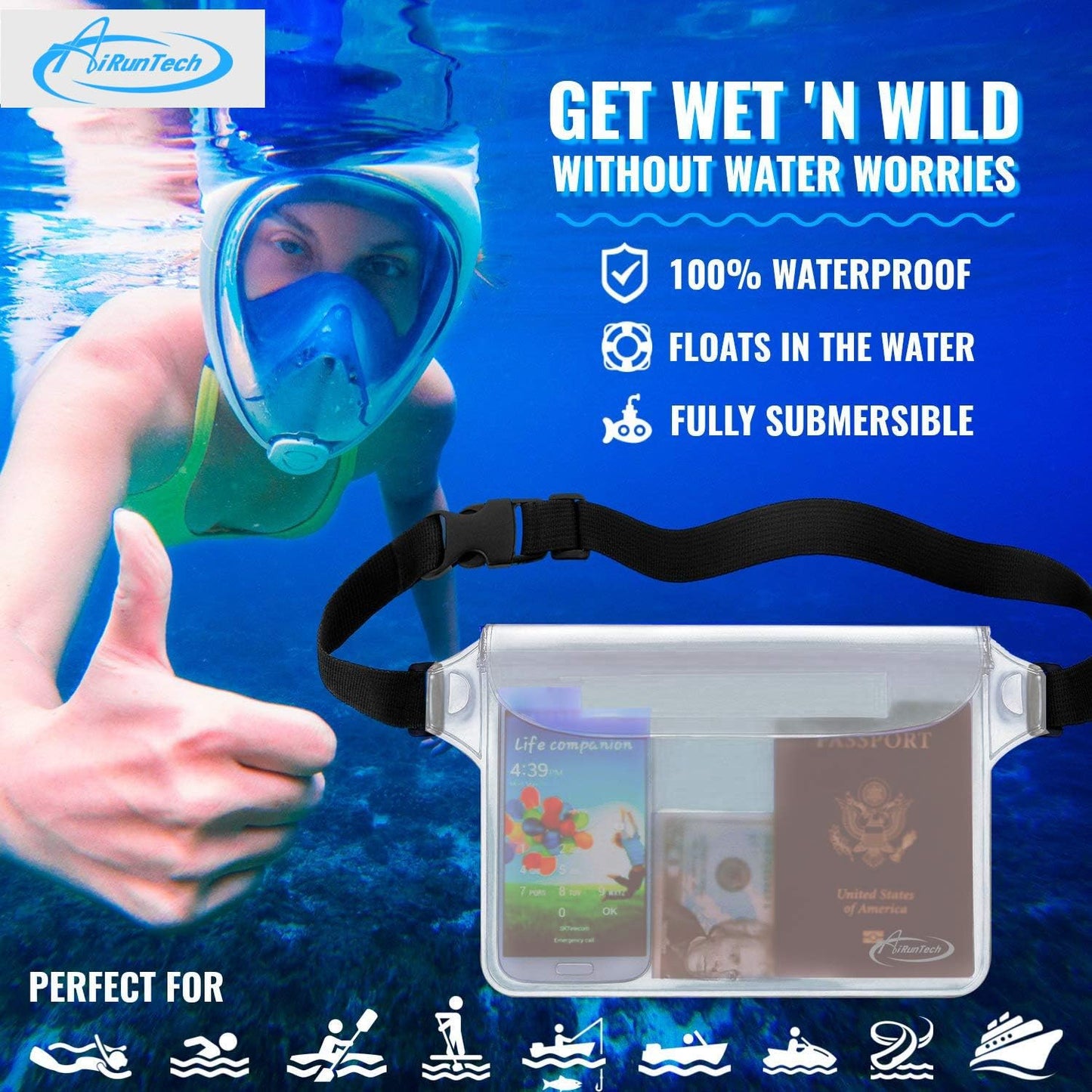 AiRunTech Waterproof Fanny Pack - Floating Dry Bag for Phones, Passports & Wallets | Ideal for Travel & Beach Activities