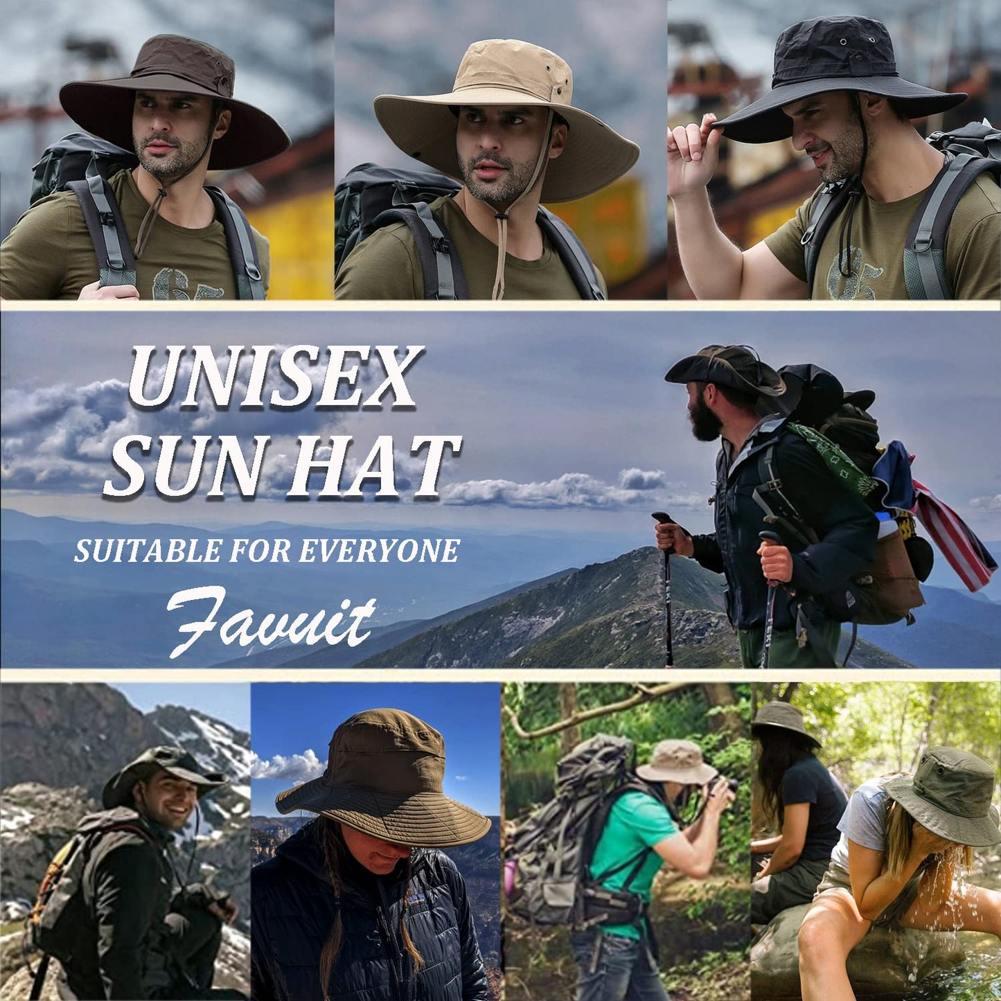 Favuit Sun Hats for Men Women, Fishing Hat UV Protection Wide Brim Bucket Hats Breathable Foldable Boonie Hat for Outdoor Hiking Camping Safari Travel Beach Sports (Beige)