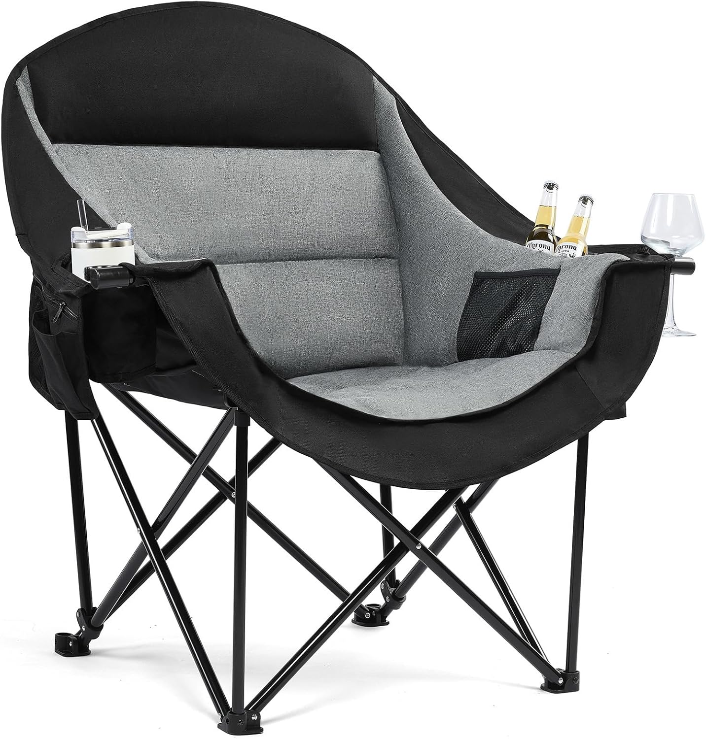 Skiennix Oversized Camping Chair - Heavy Duty Padded Folding Lawn Chair with Cup Holder | Supports 500lbs, Black