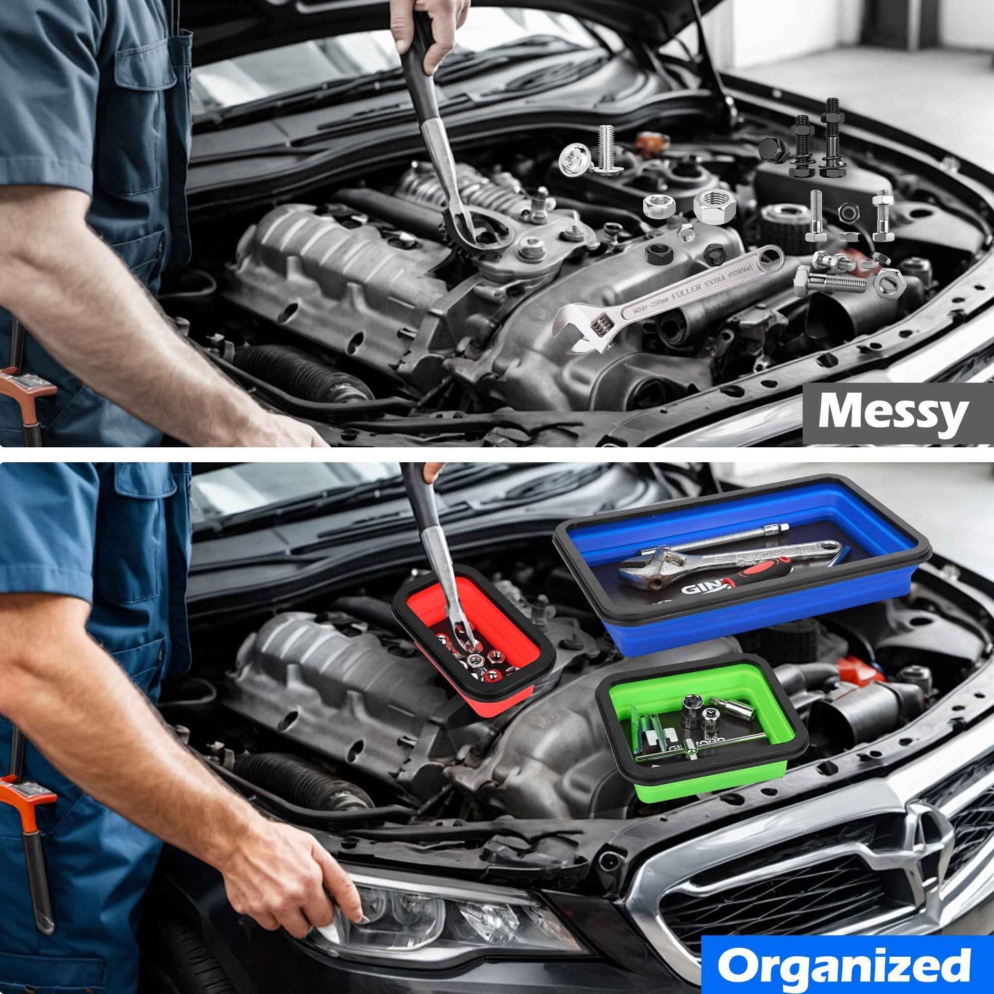 GINWORD 3Pcs Foldable Magnetic Partsn Trays Set with 3LBS Magnetic Pick-up Tool, 3 Size Silicone Magnetic Tool for Organizing Screws, Bolts, Nuts, Washers, Pins, and Other Small Metal Parts