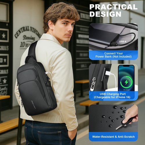 hk Sling Bag for Men with water bottles – Lightweight Waterproof Crossbody Bag with Tablet Pocket, Small Anti Theft Shoulder Bag with USB Charging Port for Daily Commute and Travel