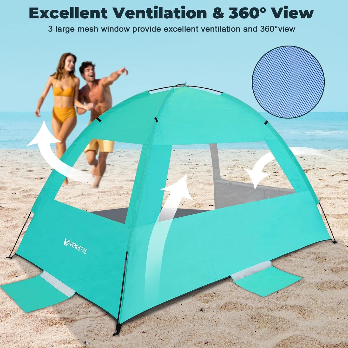 Venustas Beach Tent Sun Shelter for 3/4/6/8 Person, UPF 50+ UV Protection Beach Canopy, Lightweight and Easy Setup Cabana, Portable Shade Tent