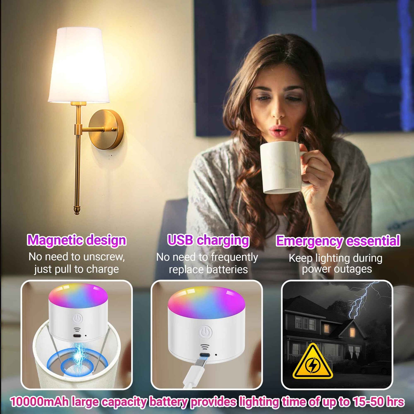 YHCDLAMP Battery Operated Wall Sconce Set of 2, Rechargeable Wall Sconce with 10000mAh Bulb and Remote, Up to 50 Hrs Use, RGB Dimmable Wireless Wall Lights for Living Room Bedroom Hallway