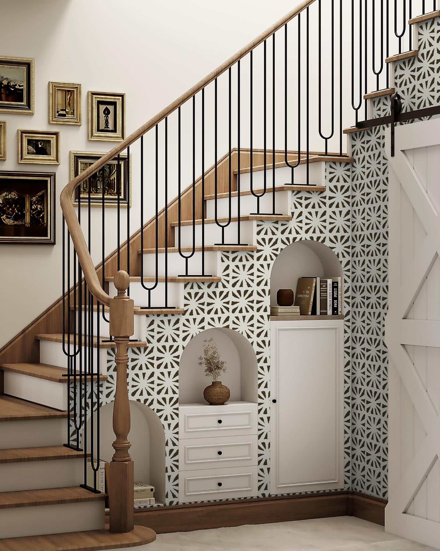 Fiula Peel and Stick Wallpaper Geometric Boho Contact Paper Black 78.7 "x17.3 Beige Self-Adhesive Wallpaper Vintage for Bedroom Waterproof Removable Shelf Liner Decal Vinyl Roll