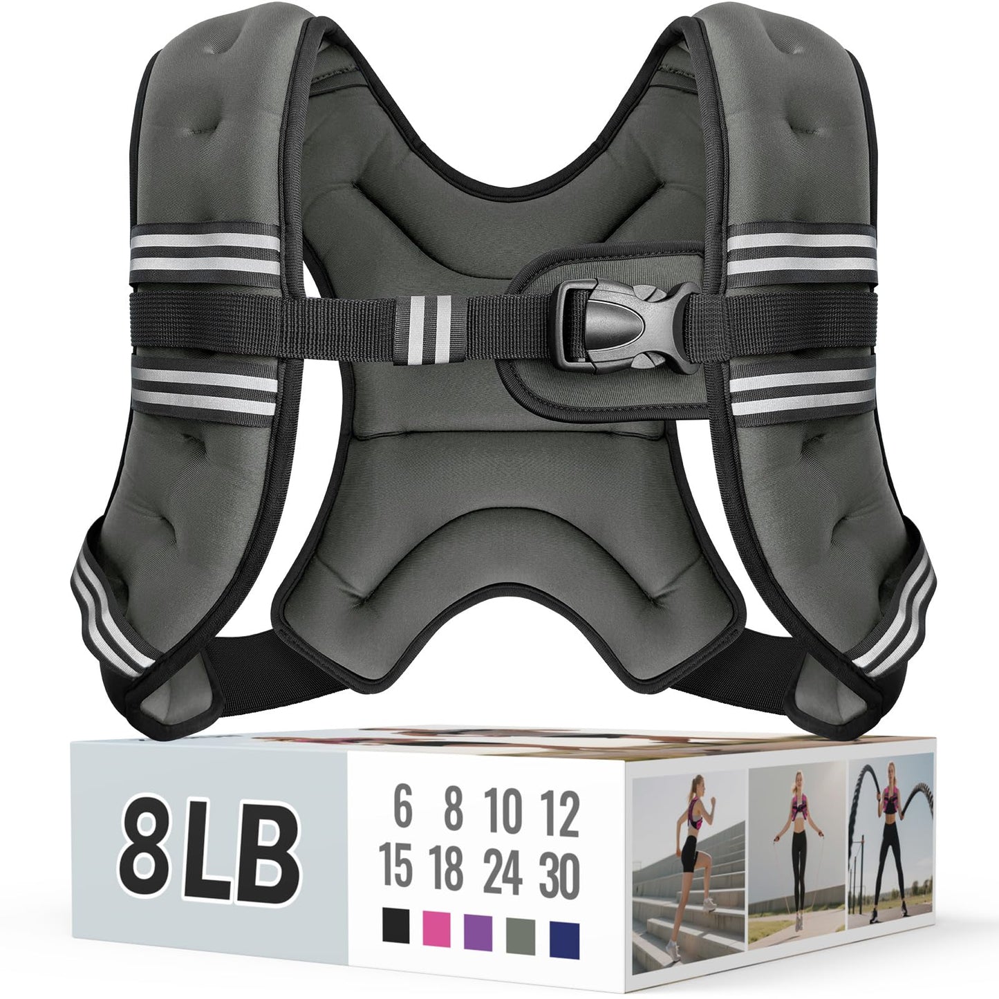 Zeerun Weighted Vest, 6lb/8lb/10lb/12lb/15lb/18lb/20lb/24lb/30lb for Men Women, Reflective Stripe Adjustable Buckle, Comfortable Durable Rucking Vest for Walking Running Strength Training, 8LBS-Gray