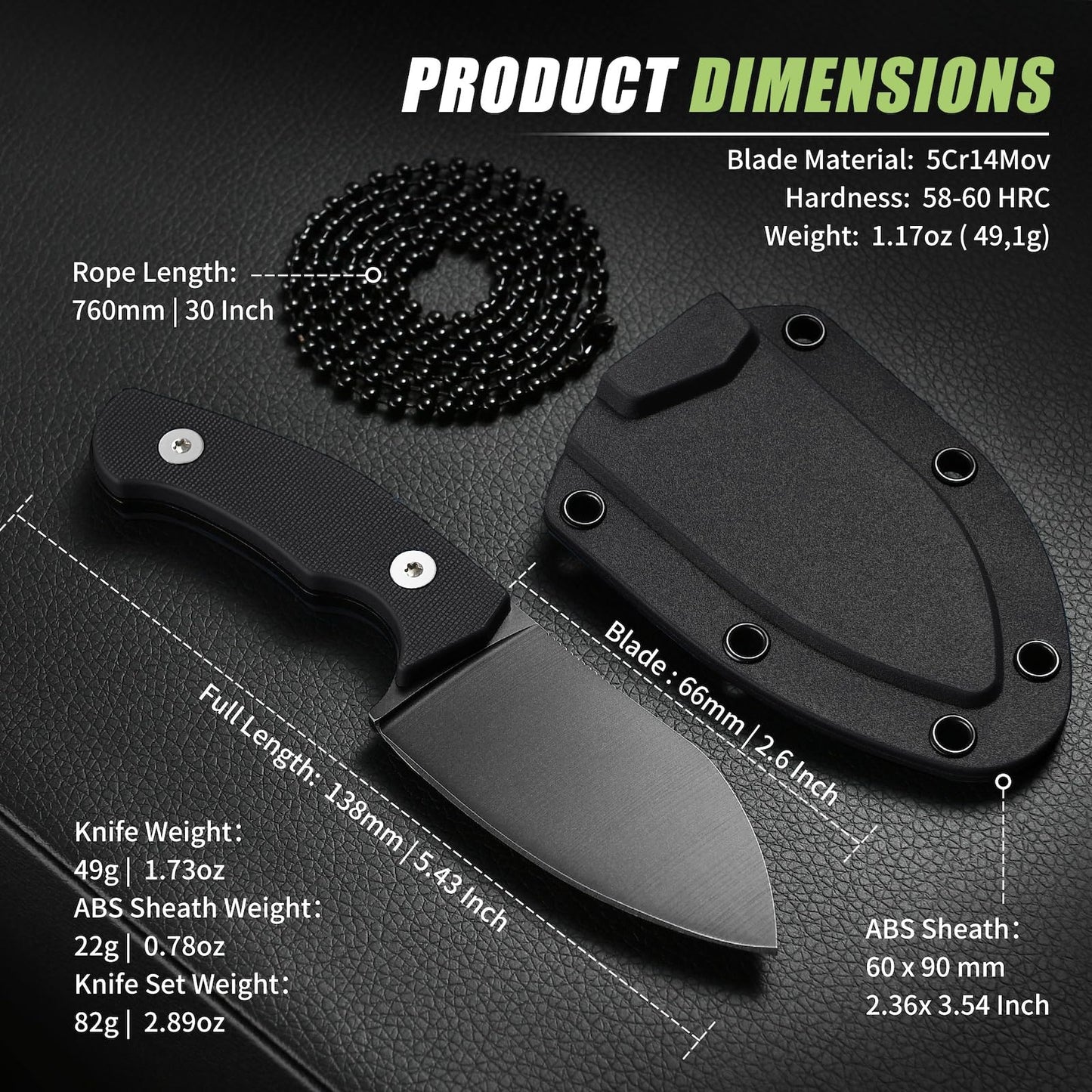 SPITZKANTE P-DA Neck Knife with Sheath and Necklace, EDC Fixed Blade Knife with 2.8" 5Cr14MoV Stainless Steel, Black Handle for Outdoor Use
