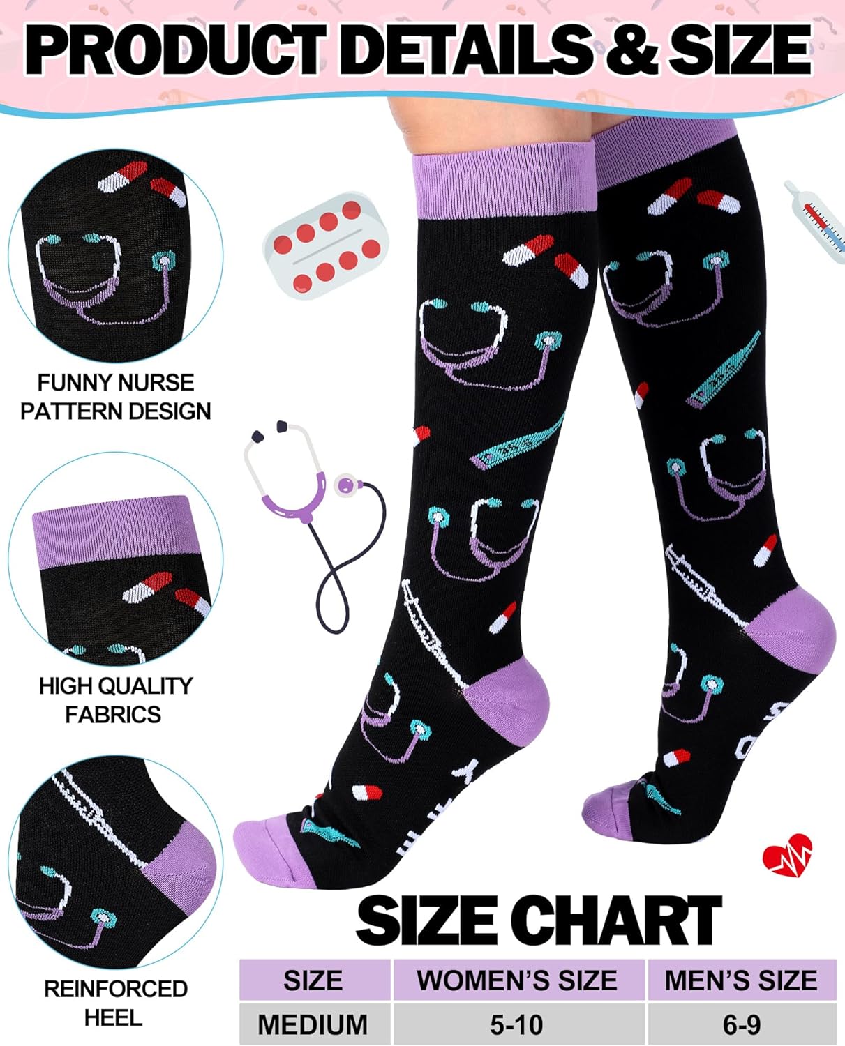 Skiennix Nurse Compression Socks - 15-20 mmHg Knee High Support for Circulation | 6 Pairs Ideal for Medical Staff