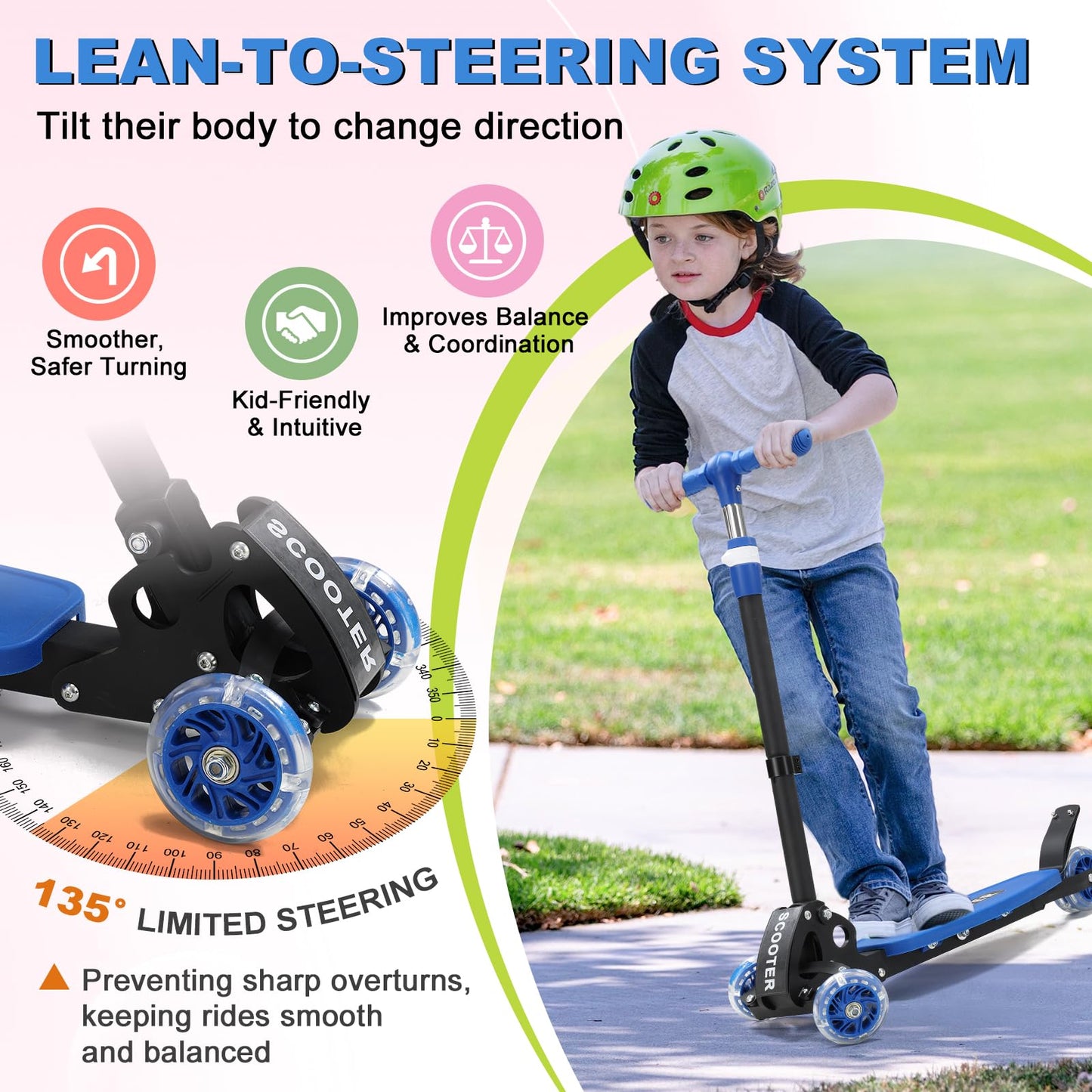 Scooters for Kids 6-8 8-12, Folding, 3 Light up Wheels Kick Scooter,3 Adjustable Height Handlebars, Lean-to-Steer,Widen Anti-Slip Deck, Heavy Duty Scooter for Boys Girls Ages 6-12,up to 170 Lbs