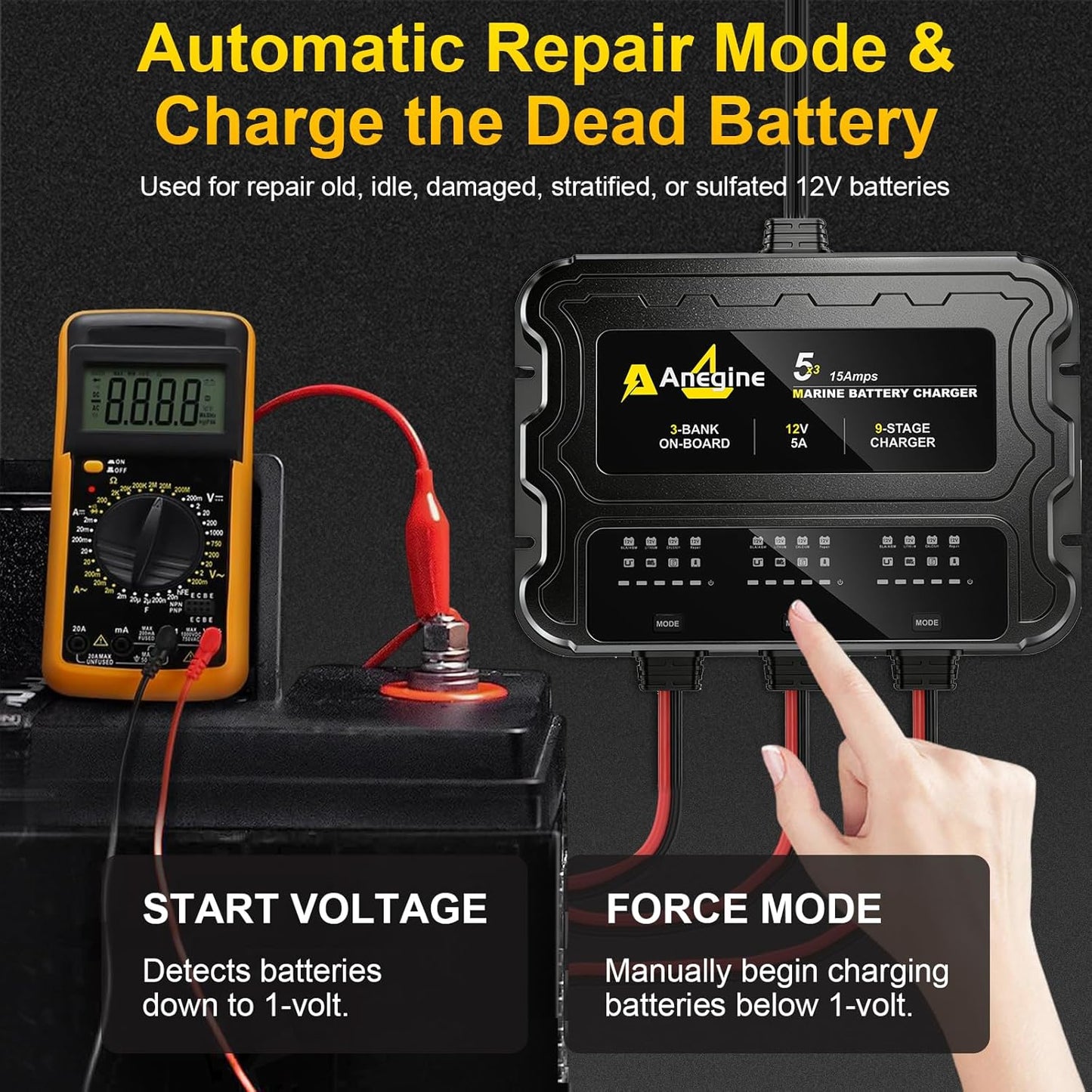 3 Bank Marine Battery Charger - 12V IP68 Waterproof LCD Onboard Charger with Overcharge Protection & Temperature Compensation for Lead-Acid, AGM, EFB, LiFePO4, Lithium | Ideal for Boat, Car, RV