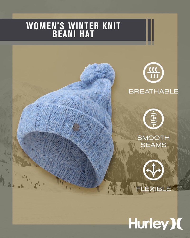 Hurley Womens Beanie - Ribbed Cable Knit Cuff Crown with Pom Beanie for Women - Warm Winter Hats for Women (One Size), Size One Size, Photo Blue