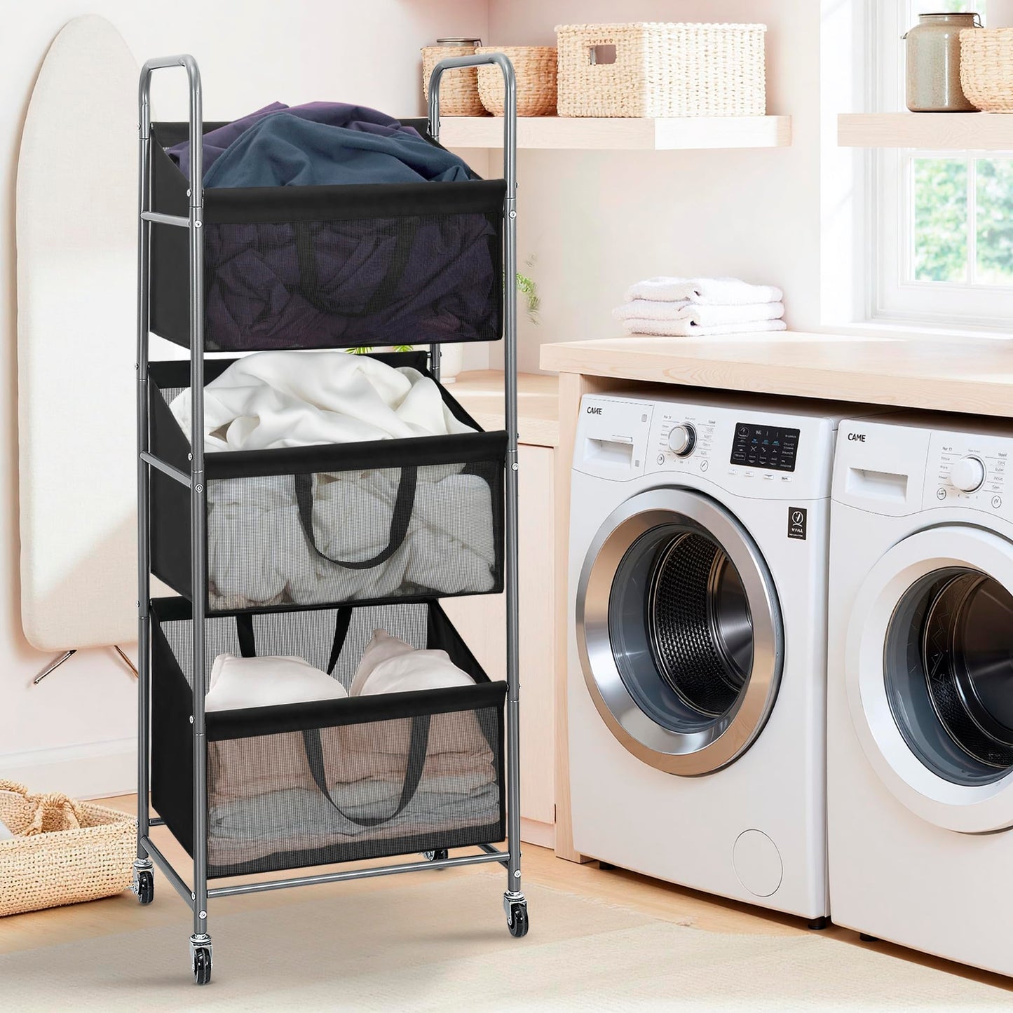 STO STO 3-Tier Vertical Rolling Laundry Hamper, Removable Bags, Black Mesh