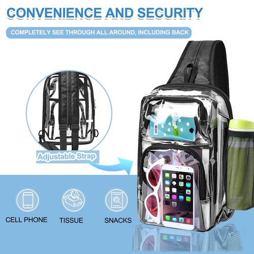 Busiuw Clear Backpack Stadium Approved with Adjustable Reinforced Straps, 3 in 1 Clear Crossbody Bag for Festivals and Games (Plus size)-Black