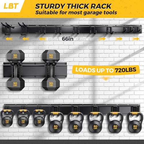 LBT 66 Garage Tool Organizer Wall Mount - Heavy-Duty Metal Storage Rack with Adjustable Hooks | 720lbs Capacity