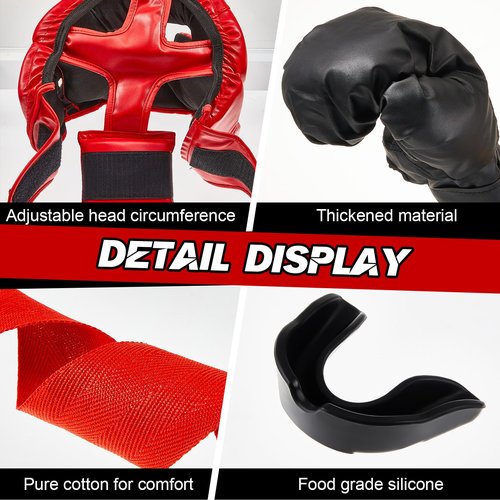 Kanayu 12 Pcs Kids Boxing Equipment Set for Beginners Ages 6-18 Years Including Boxing Helmet and Gloves Hand Wraps Sport Mouthguards Taekwondo Sparring Gear for Kids and Children(Black, Red)