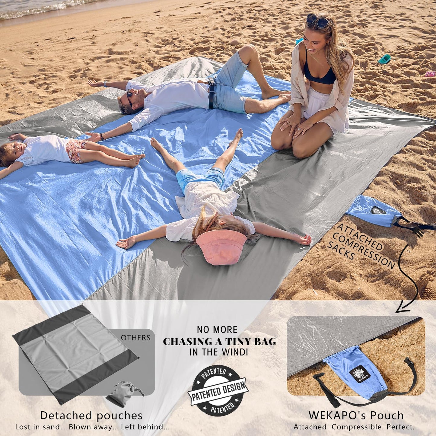 WEKAPO Beach Blanket Sandproof, Extra Large Beach Mat, Big & Compact Sand Free Mat Quick Drying, Lightweight & Durable with 6 Stakes & 4 Corner Pockets (Periwinkle Blue, 7x7 FT (1～3 Person))