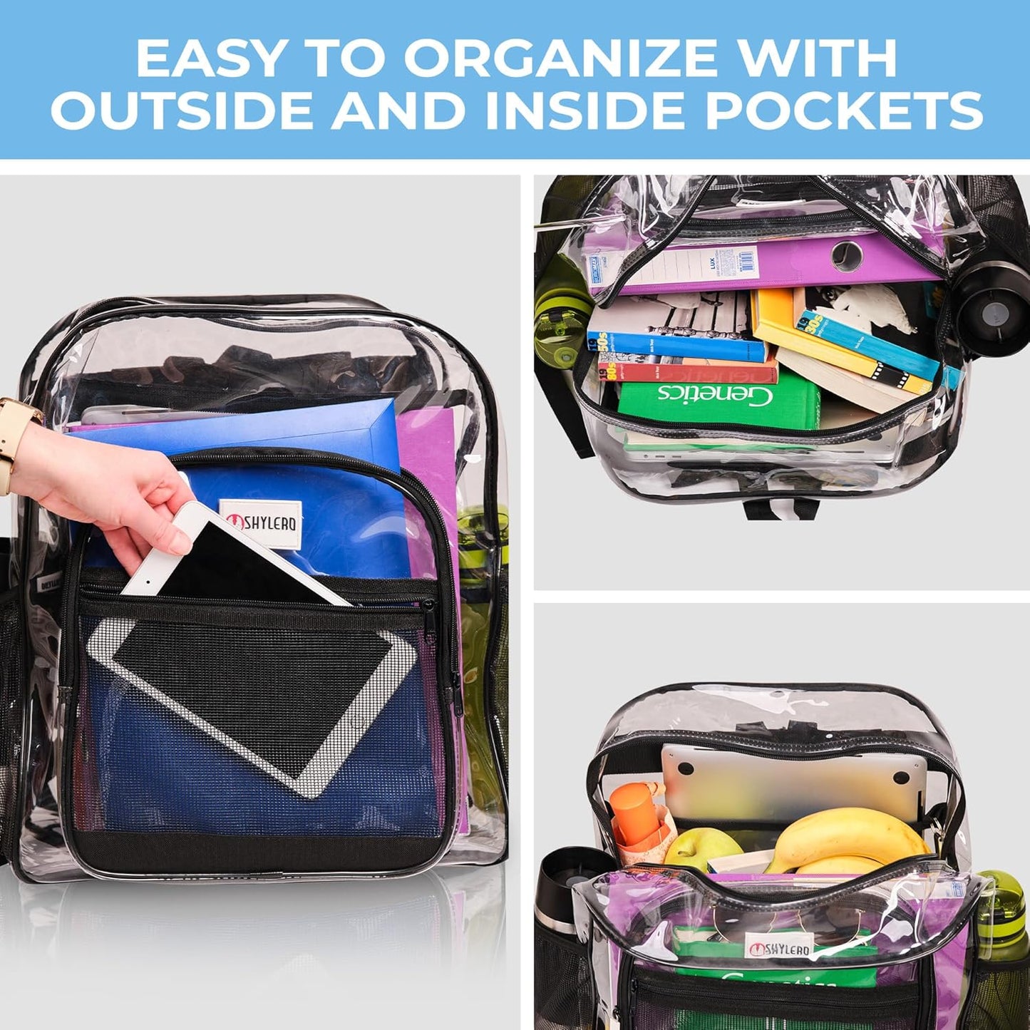 SHYLERO Clear Backpack - Heavy Duty PVC with TSA Lock & 2-Way Zipper | X-Large Black (18''x14''x8'')