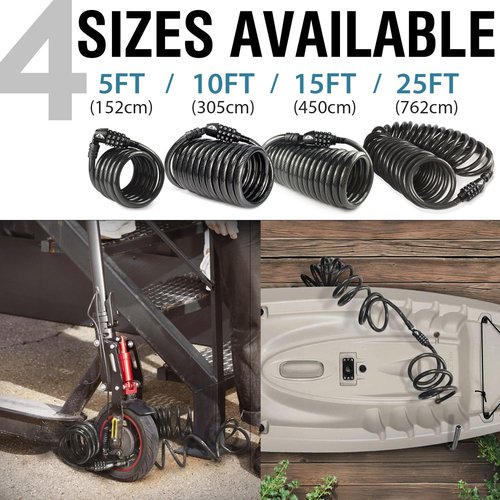 MARQUE Combination Bike Lock Cable- 3/8 inch (5FT, 10FT, 15FT, 25FT) Resettable Combination Lock, Anti-Theft Coiled Secutiry Cable for Bicycles, Kayaks, Paddle Boards, Gates and Outdoor Gear (5 FT)