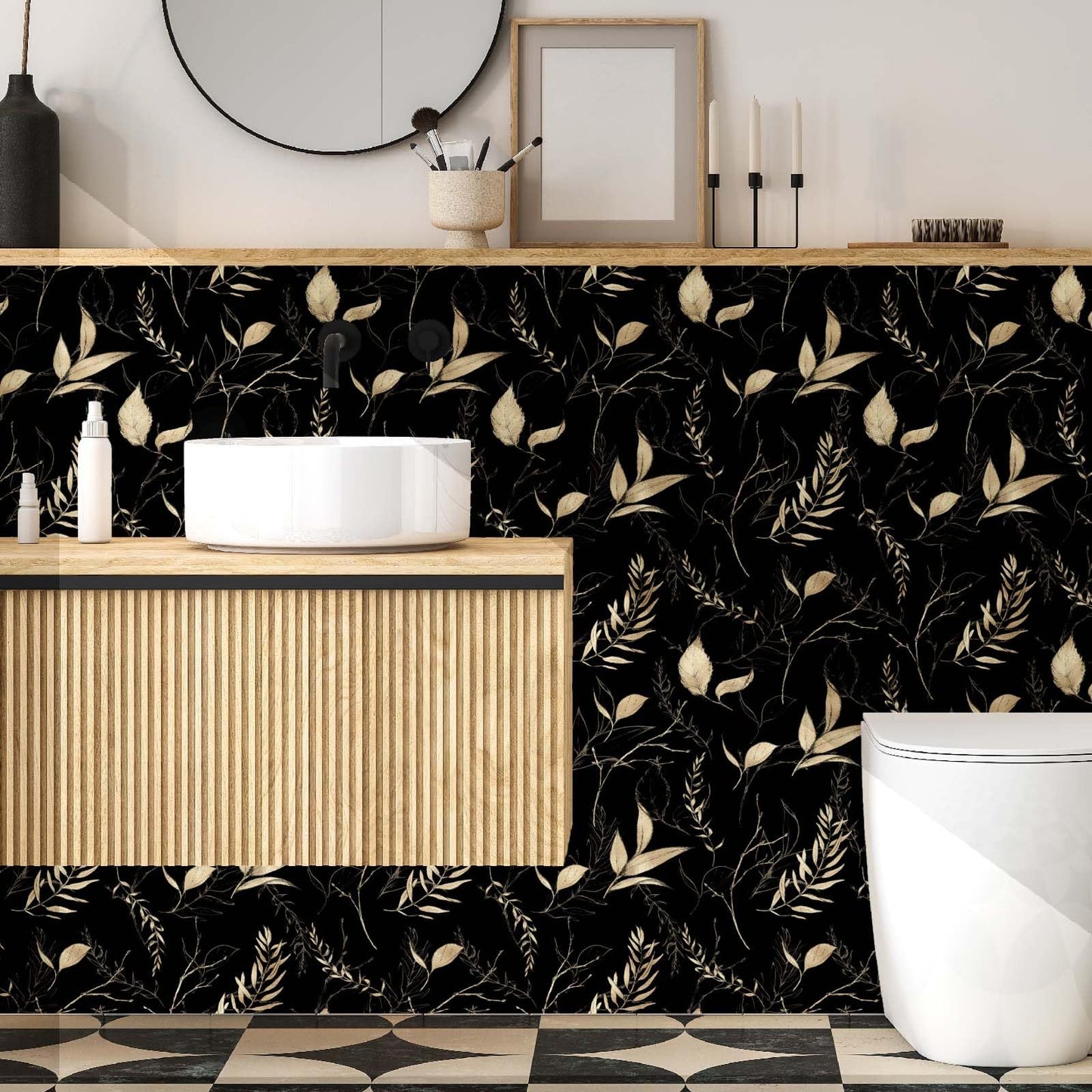 Akodm Black and Champagne Gold Leaf Wallpaper Peel and Stick Botanical Vintage Contact Paper for Cabinets Drawers Bathroom Removable Self Adhesive Thick Vinyl Waterproof Luxury Wallpaper 17.7"x70.8"