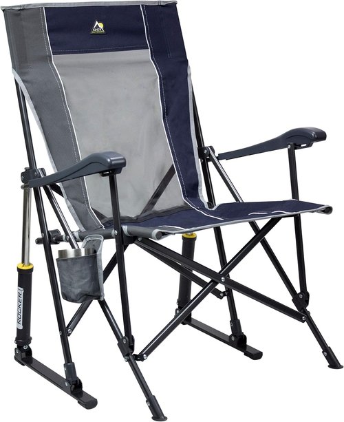 GCI Outdoor RoadTrip Rocker Camping Chair - Portable Folding Rocking Chair with Drink Holder & Durable Armrests - Indigo Blue