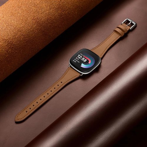 Slim Leather Bands Compatible With Fitbit Versa 4, Leather Replacement Strap For Versa 4 Bands For Women (Brown/Silver)
