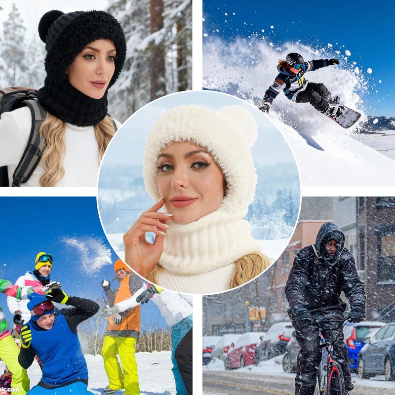 Sumolux 3 in 1 Beanie Hats for Women Fleece Lined Scarf and Mask Outdoors Windproof Knitted Ski Mask Set White