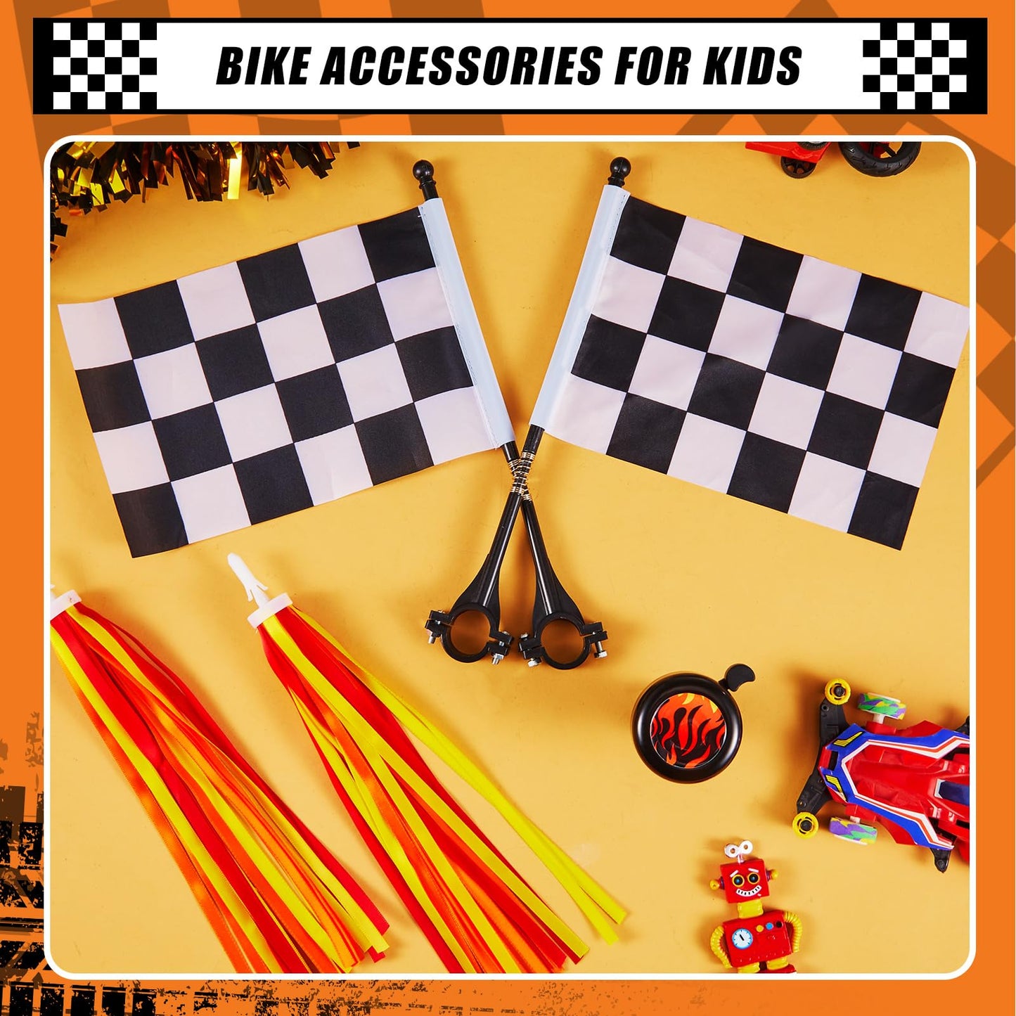 Liliful 5 Pcs Kids Bike Accessories Sets Include 2 Pcs Flame Bike Tassel Streamers Bell 2 Black and White Checkered Flags Pinwheel Toddler Kids Boys Girls Gift Decoration Kit