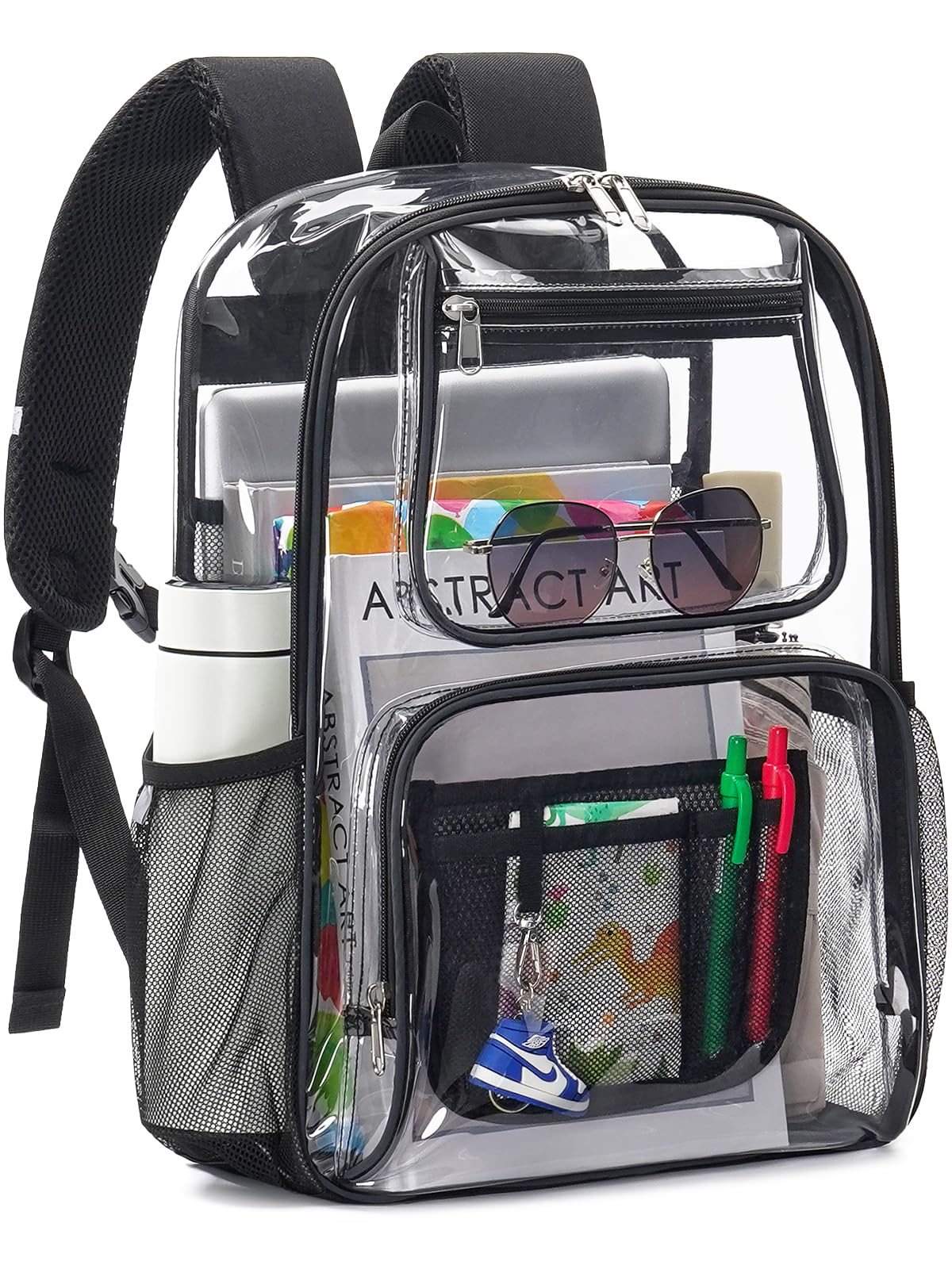 QOECI Heavy Duty Clear Backpack For Kids Women Men Boys Girls, 17 Inch Large See Through Backpack, 360° 3M Reflective Strips Clear Bookbag, Transparent Bag For School College Sport Work Travel, Black