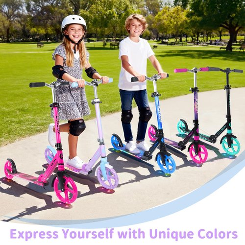 BELEEV V5 Plus Scooters for Kids Ages 6+, Teens with Light-Up Wheels & Deck, 2 Wheel Folding Lightweight Sport Scooter with 4 Adjustable Height, 8-inch Big Wheels, Carry Strap (Blue Purple)