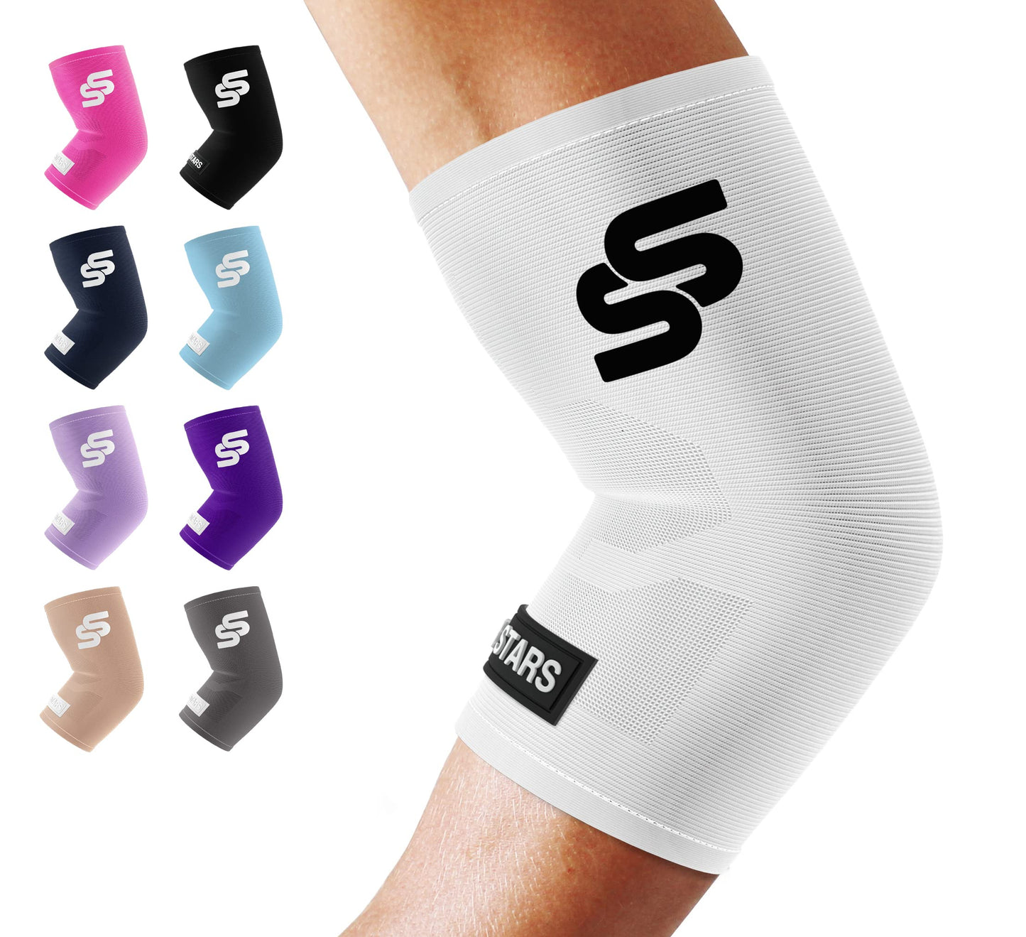 Sleeve Stars Elbow Sleeve for Pain Relief & Protection - Elbow Compression Sleeve for Women & Men - Supportive Elbow Brace for Tendonitis, Recovery & Ideal for Sports, Work (S: 7"-8.5"/White)