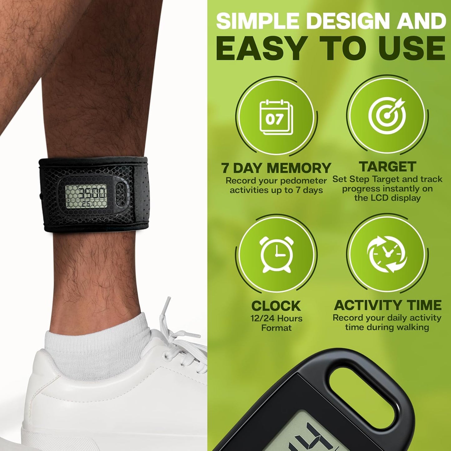 Skiennix Ankle Pedometer Step Counter - Clip-On Activity Tracker for Walking Steps & Miles - Includes Ankle Band & Lanyard