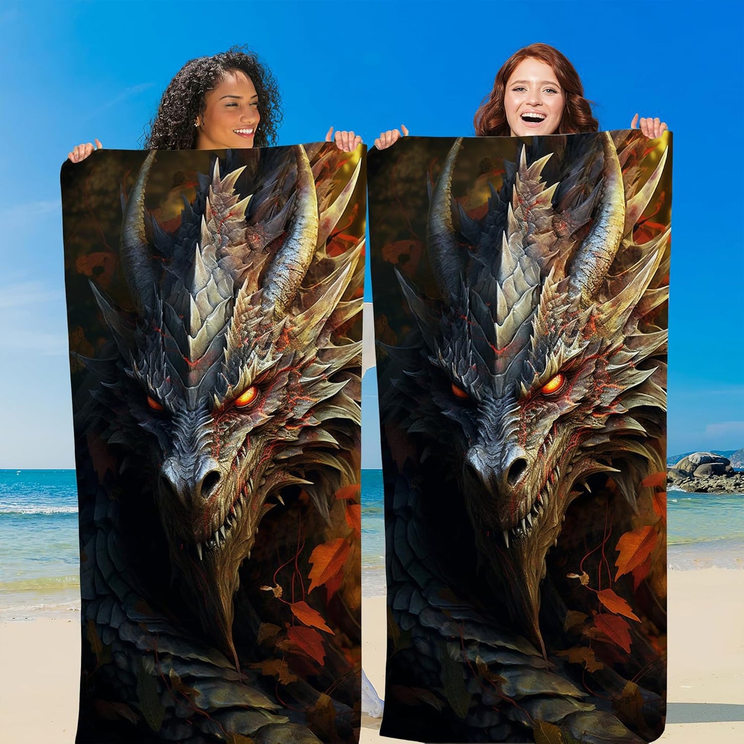 Personalized Dragon Beach Towel - Custom Black Dragon Design for Kids & Adults | Large Size