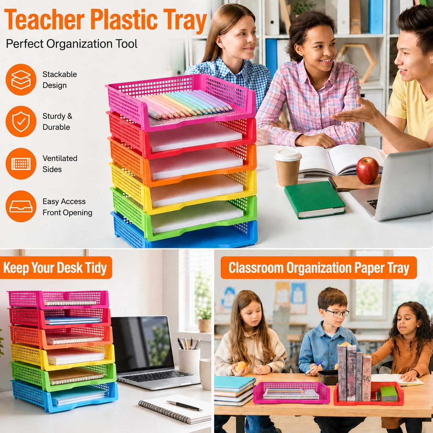 ZZYFGH 6 Pack Turn in Trays Classroom, Colorful Turn in Trays for Teachers, Plastic Classroom Paper Organizers, Stackable Tray for Classroom, Library, Drawers, Office Desk(13.4 * 9.5 * 2.7in)
