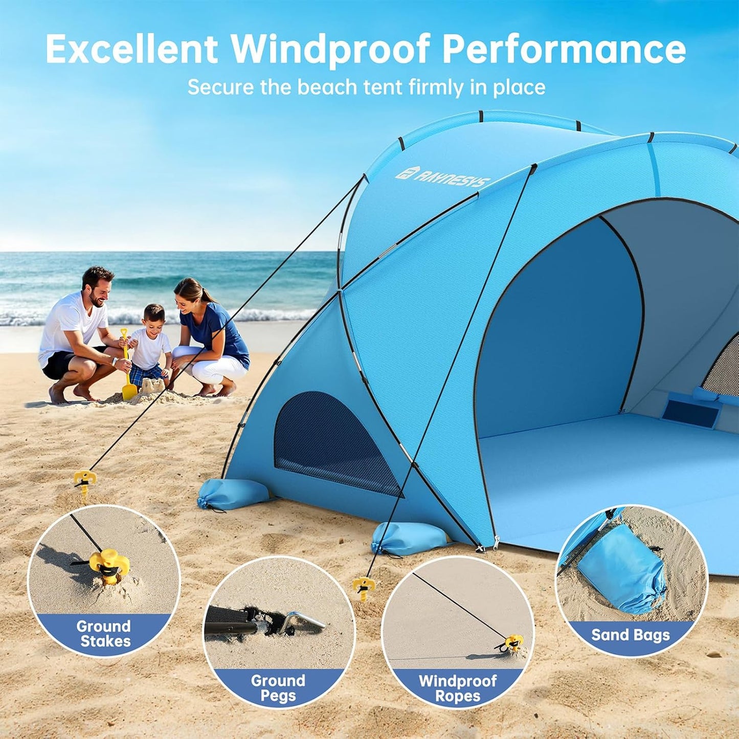 Raynesys Beach Tent - Portable Sun Shelter with UPF50+ UV Protection for 1-3 People | Blue Shade Tent