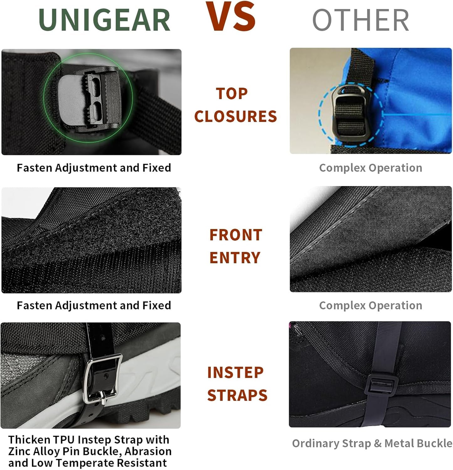 Unigear Waterproof Leg Gaiters - Durable 1000D Fabric for Hiking, Walking, Climbing & Skiing