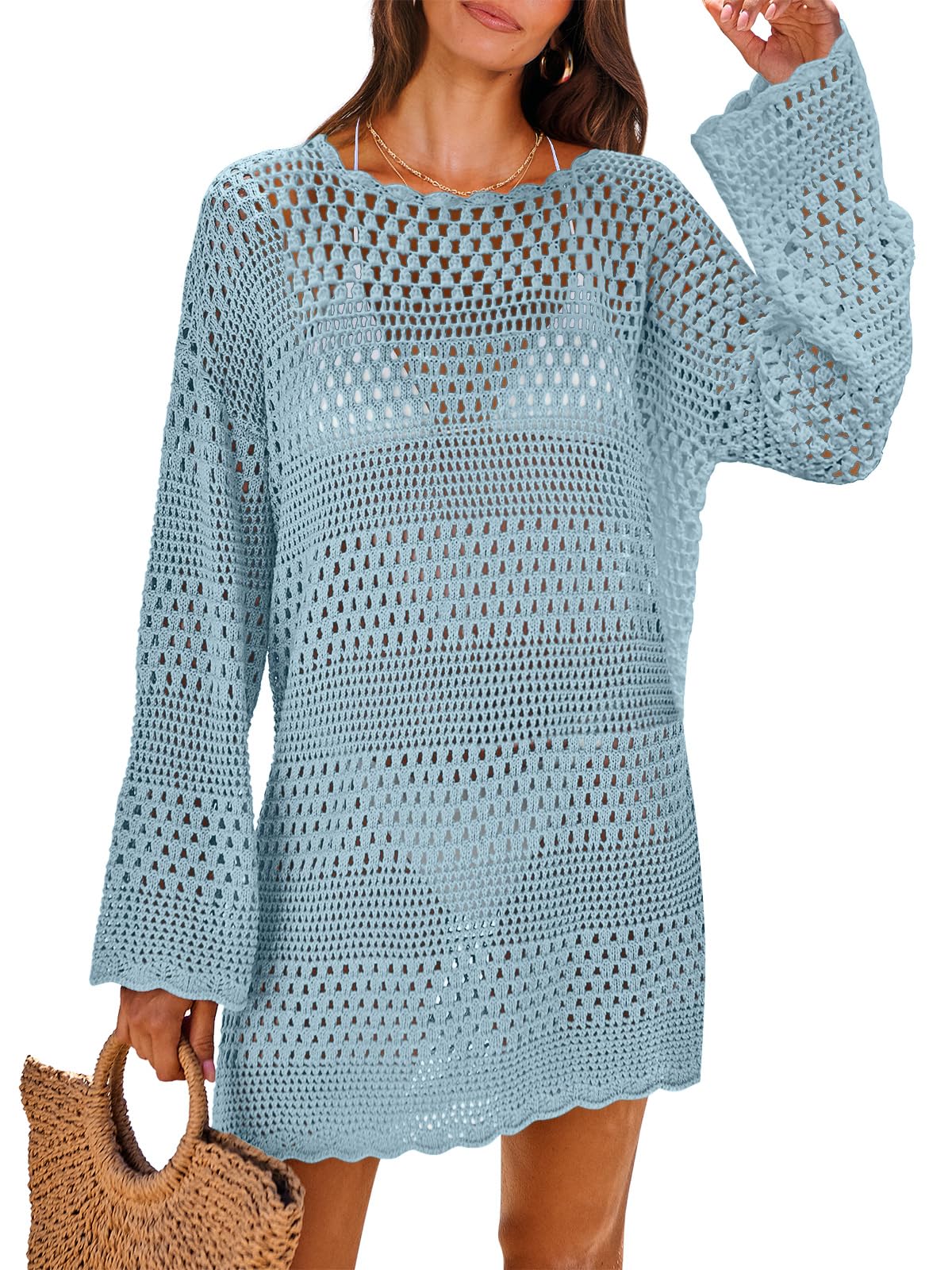 ANRABESS Women Swimsuit Crochet Swim Cover Up 2026 Summer Bathing Suit Swimwear Mesh Knit Beach Dress Vacation Outfits Sky Blue Small
