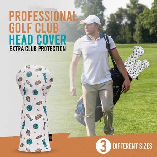 Fairway Finds Golf Club Hoppy Head Cover, Beer Patterned White Stylized Design (3/5 Wood)